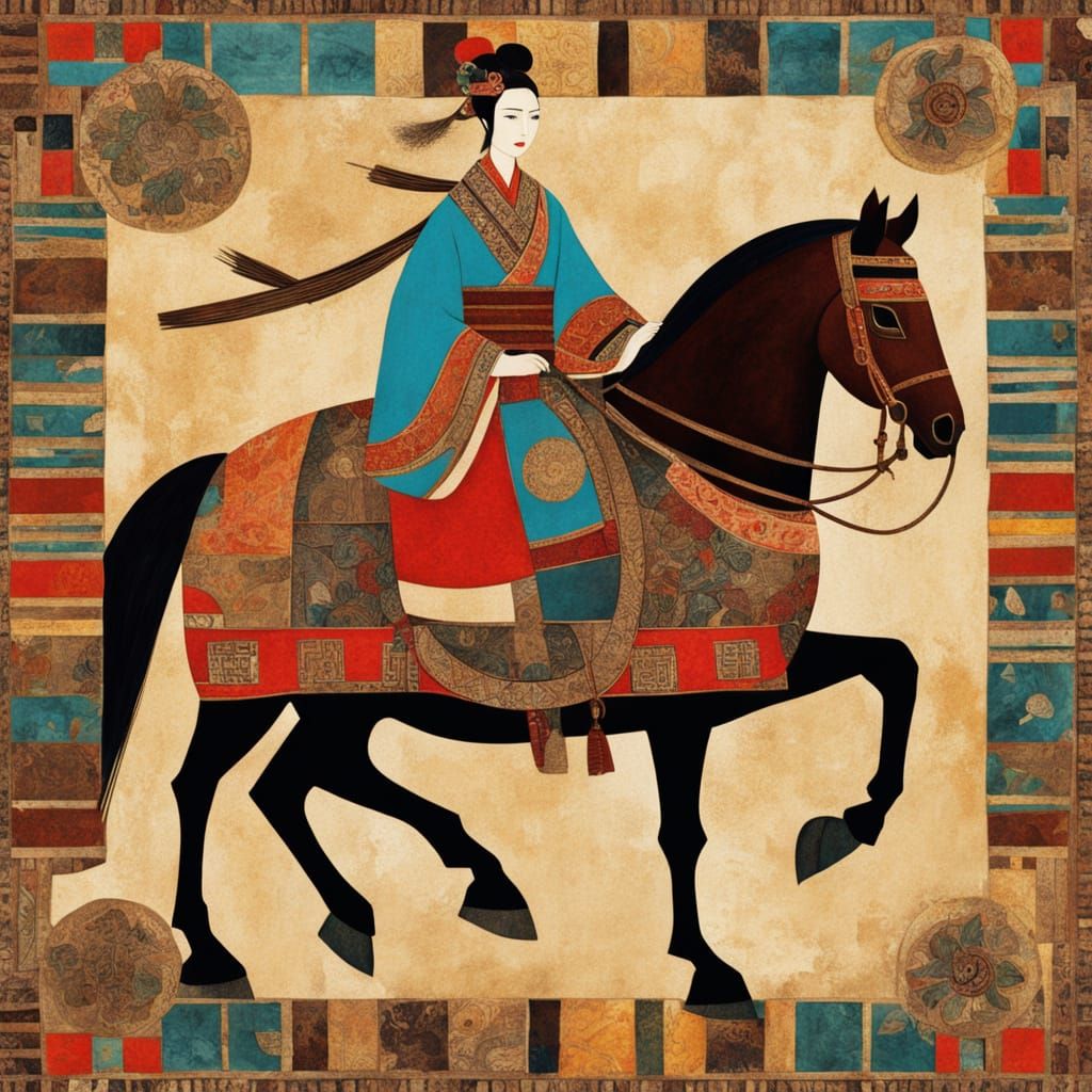 Woman in Kimono Riding Horse in Japanese Collage Style