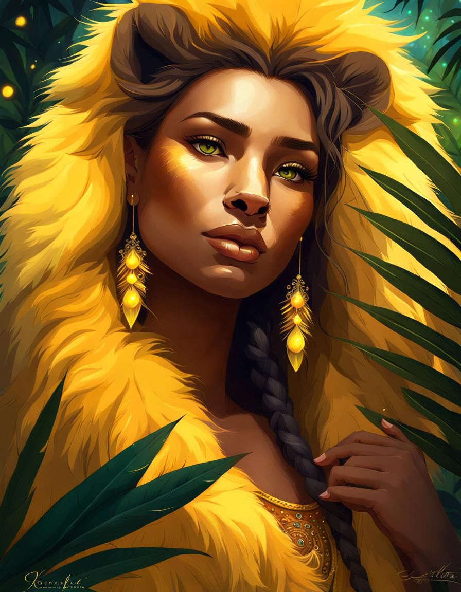 Lioness Goddess in Tropical Jungle, Digital Painting