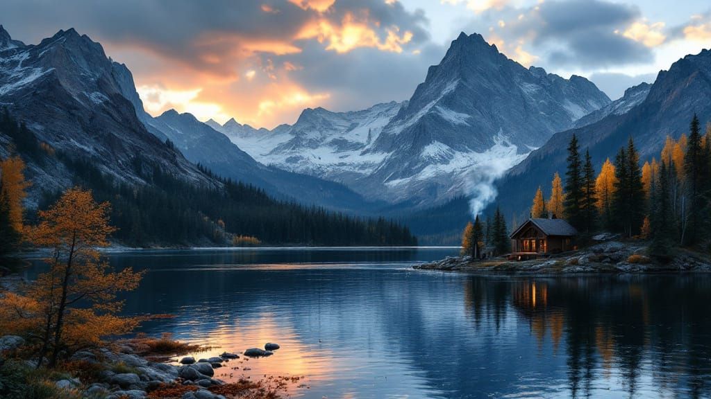 Tranquil Mountain Lake Cabin at Twilight Fall