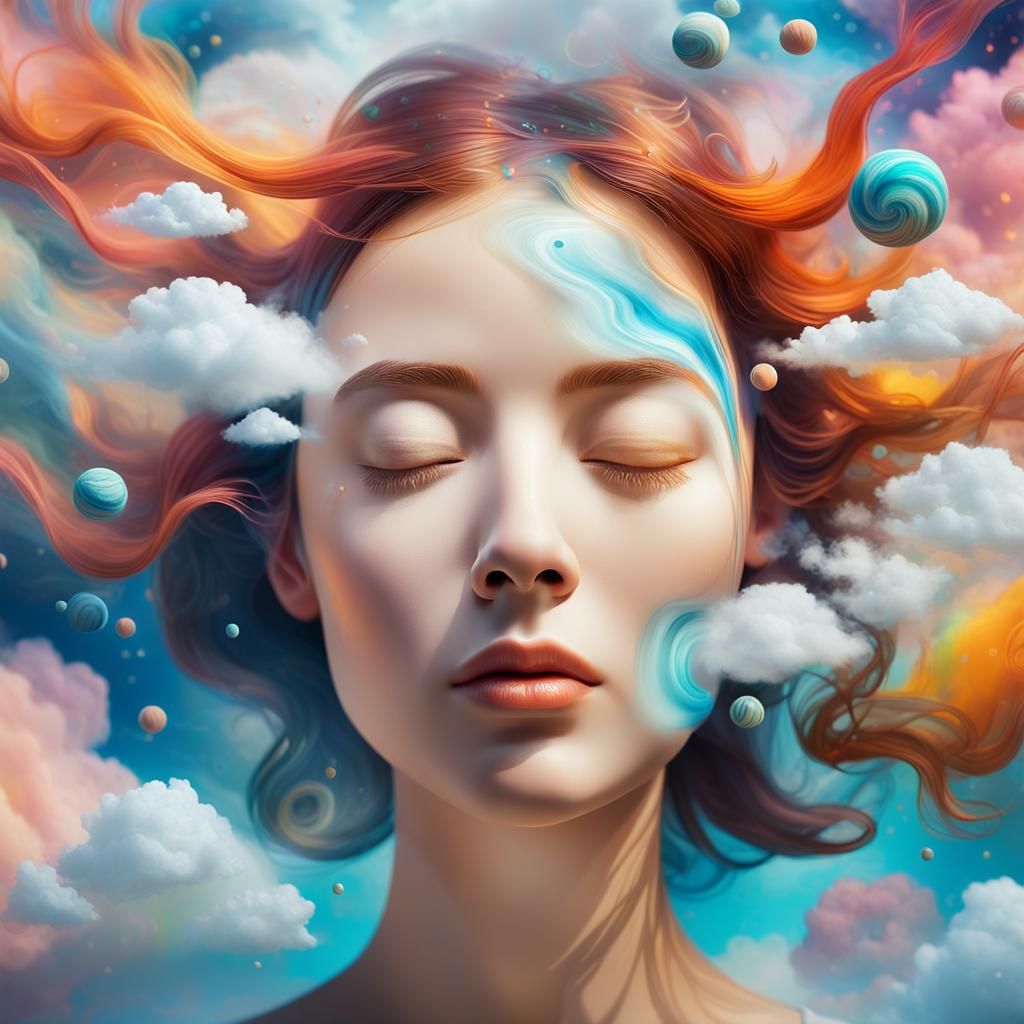 Dreamlike Surrealist Portrait with Swirling Clouds