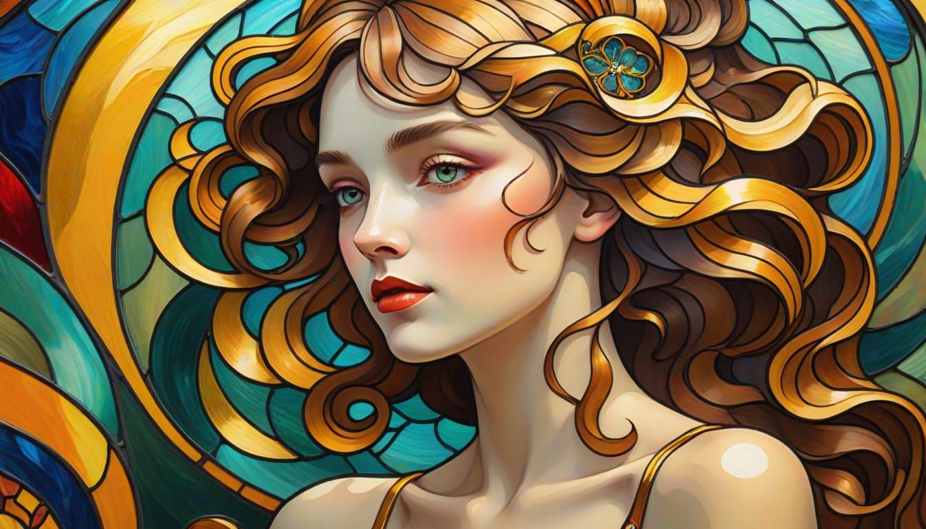 Art Nouveau Stained Glass Masterpiece of a Mysterious Lady
