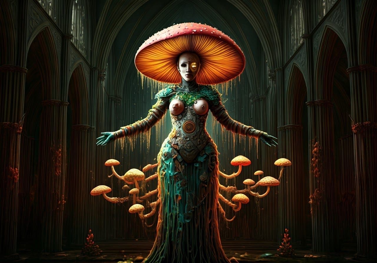 Surreal Sorceress Assembled from Broken Totems in Glowing My...