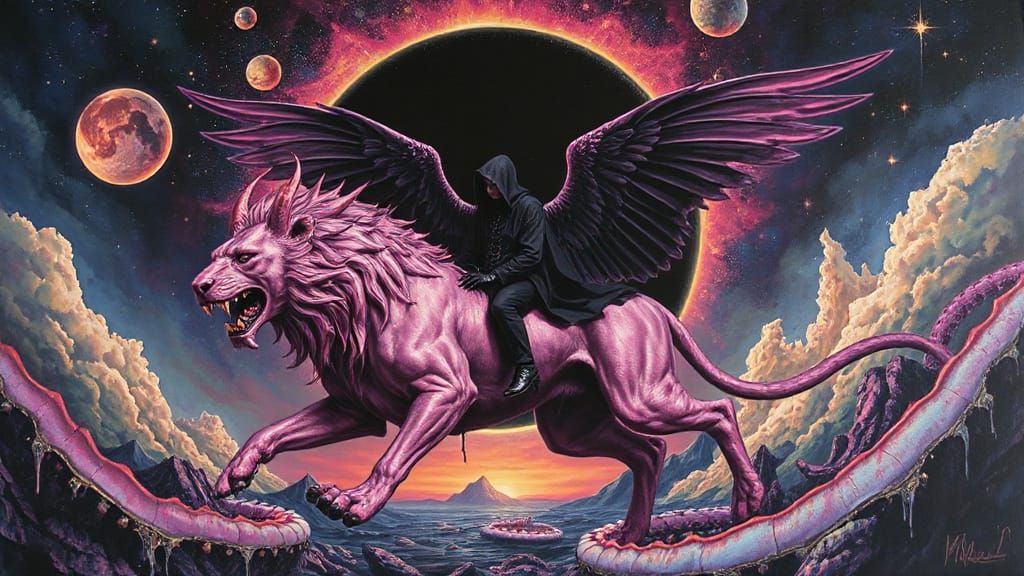 Surreal Gothic Rider on Metallic Lion