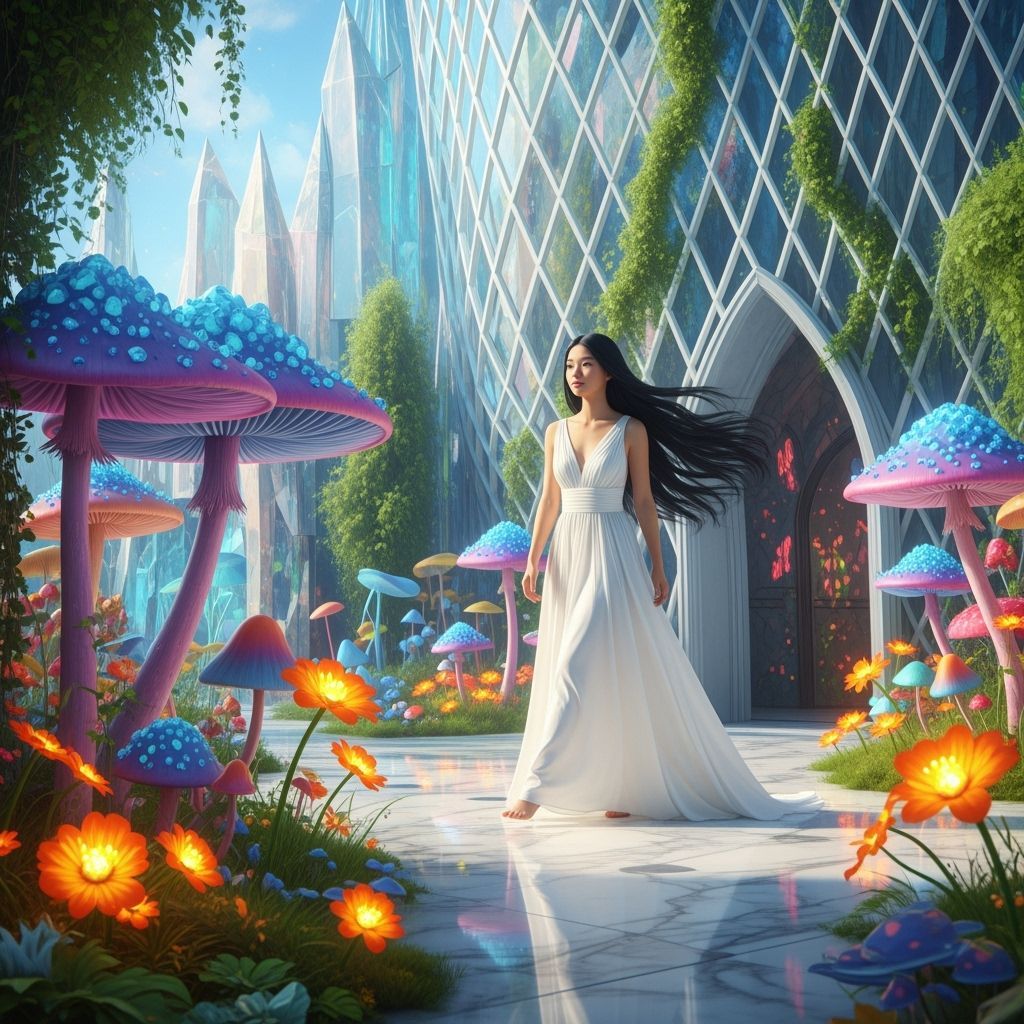 Woman Walks Among Crystal Structures and Mushrooms