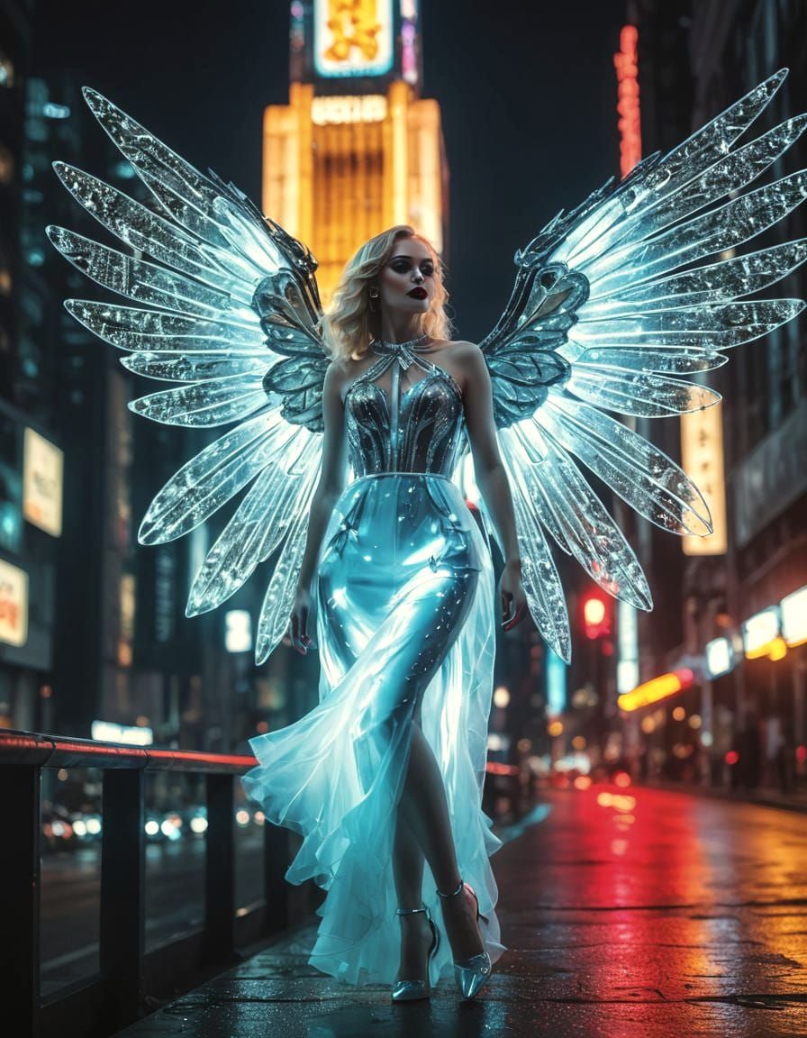 Blond Woman with Glass Wings in Neon City