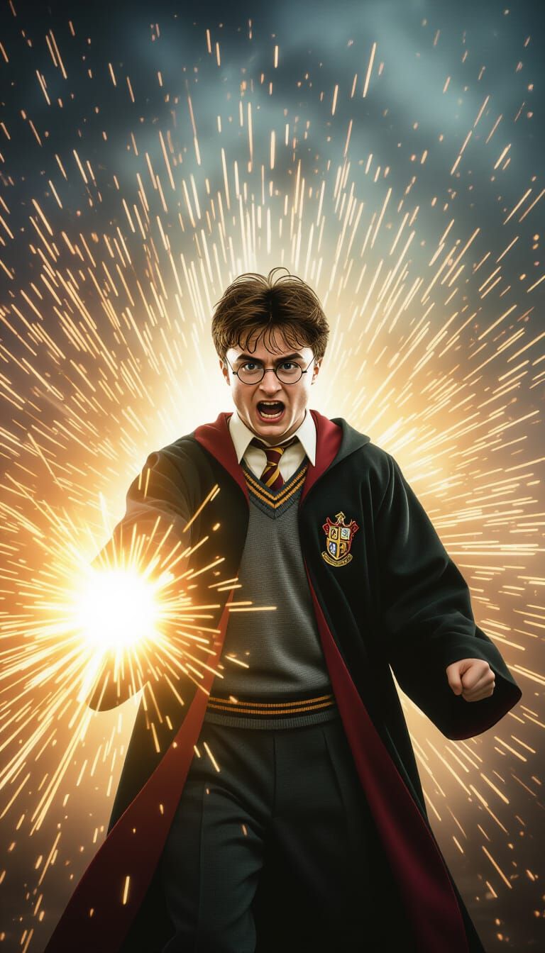 Harry Potter Amidst Exploding Lights: Hyperrealistic Film Ae...