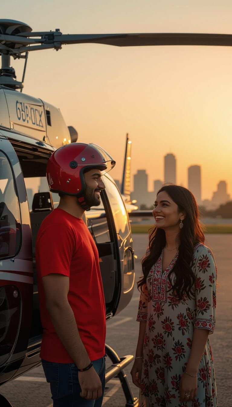 Indian Delivery Man and Helicopter at Sunset