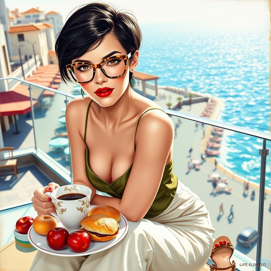 Italian Pinup Girl Enjoying Morning Breakfast on Sunny Deck