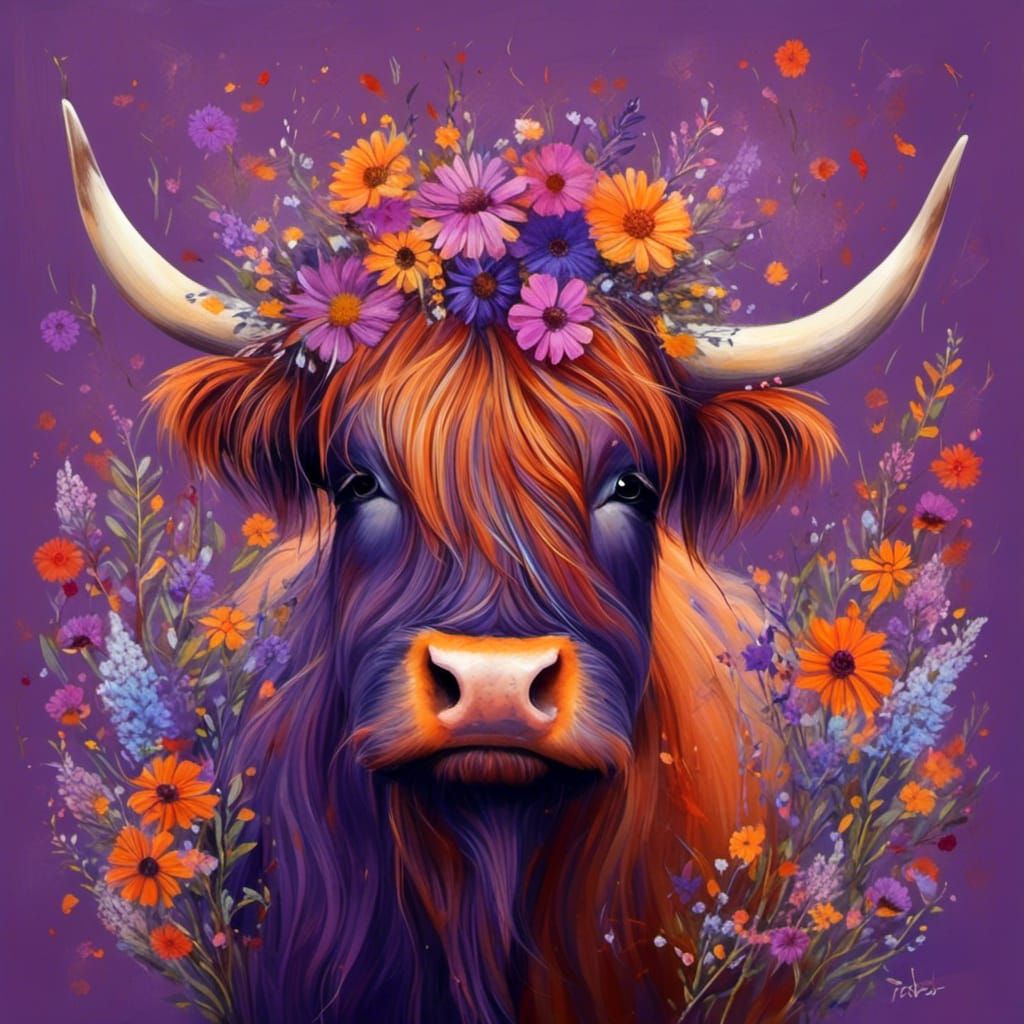 Scottish Highland Cow with Floral Crown, Impasto Style