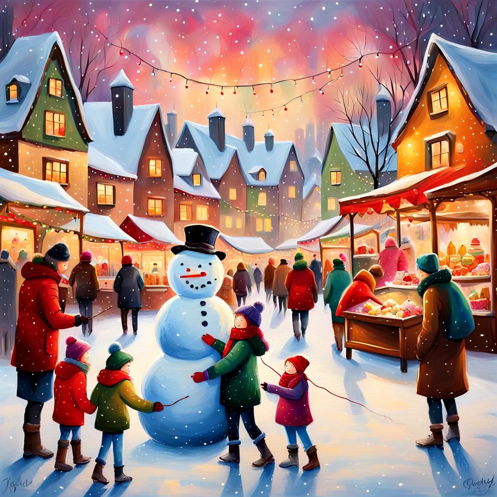 Festive Family Builds Snowman in Winter Wonderland