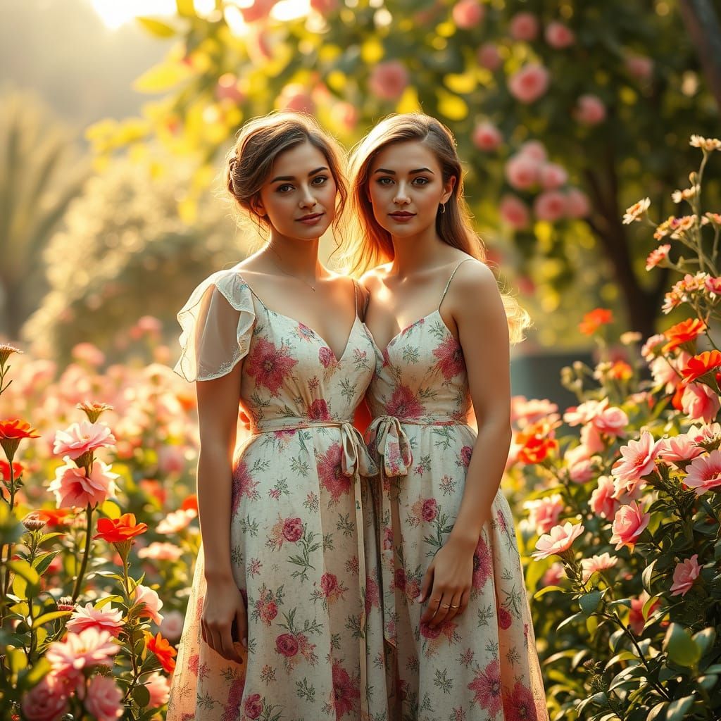 Impressionistic Women in a Lush Flower Garden