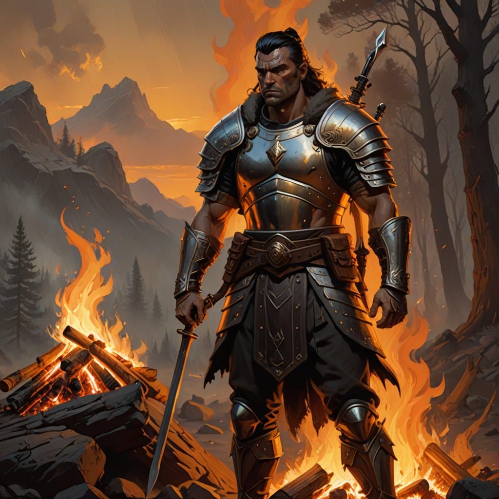 Stoic Warrior by Campfire in Golden Hour Light