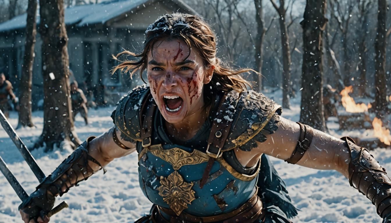 Fierce Gladiator in Snow Fight: Cinematic Film Still
