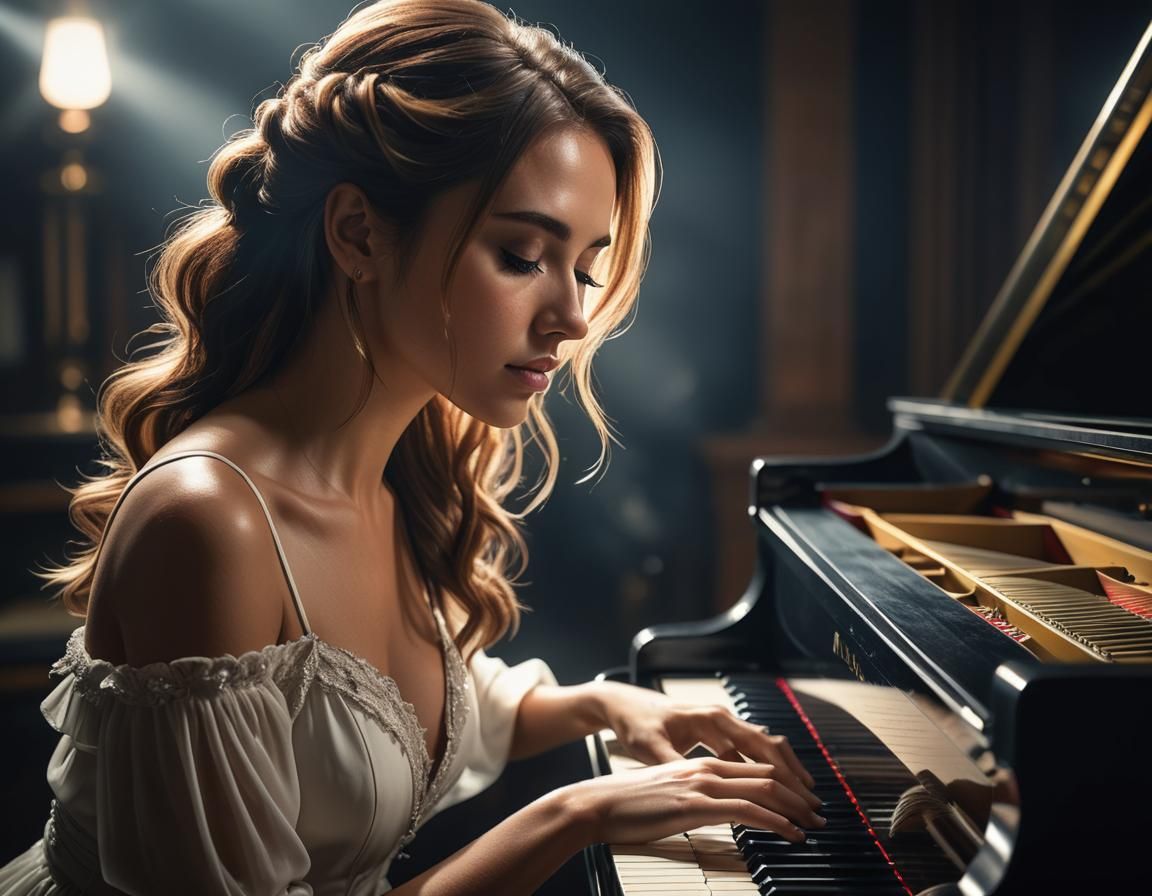 Woman at Piano: Realistic, High-Resolution Image