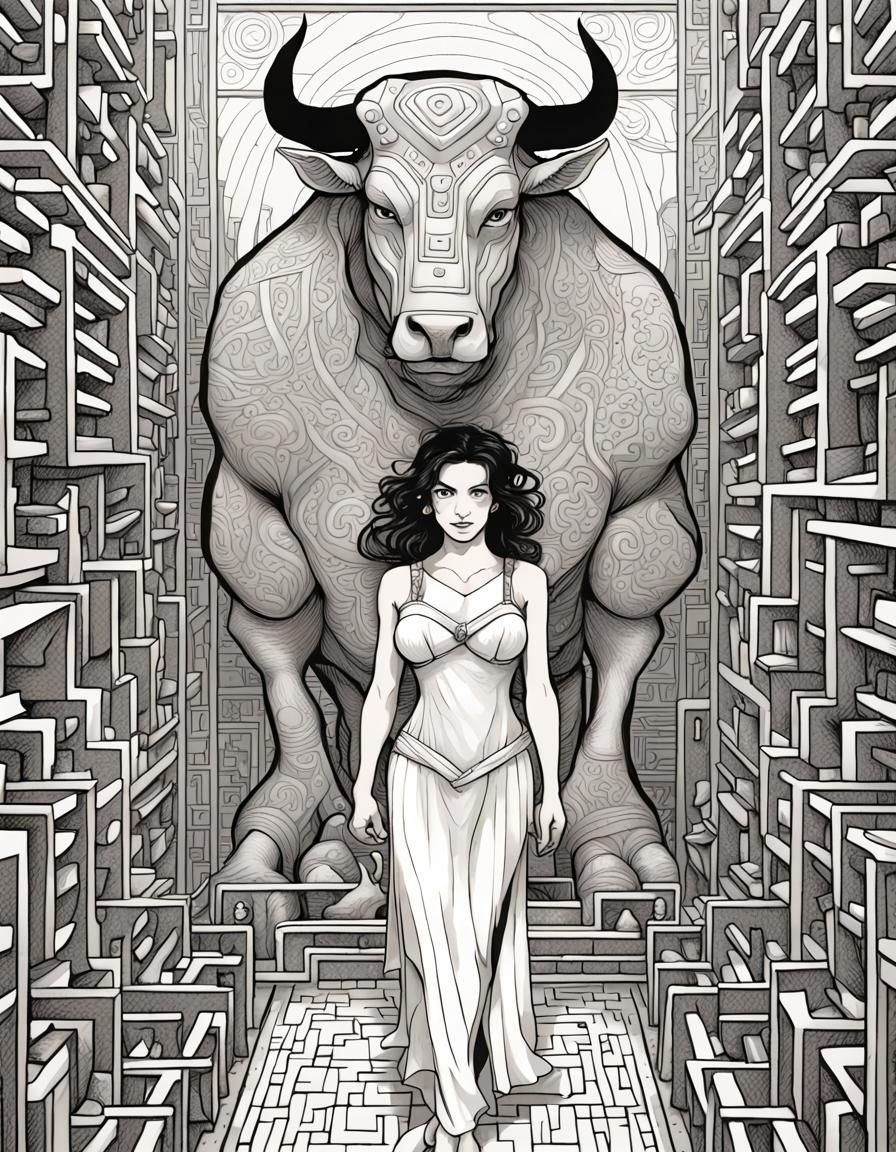 Woman and Minotaur in Maze, Klimt-Inspired Drawing