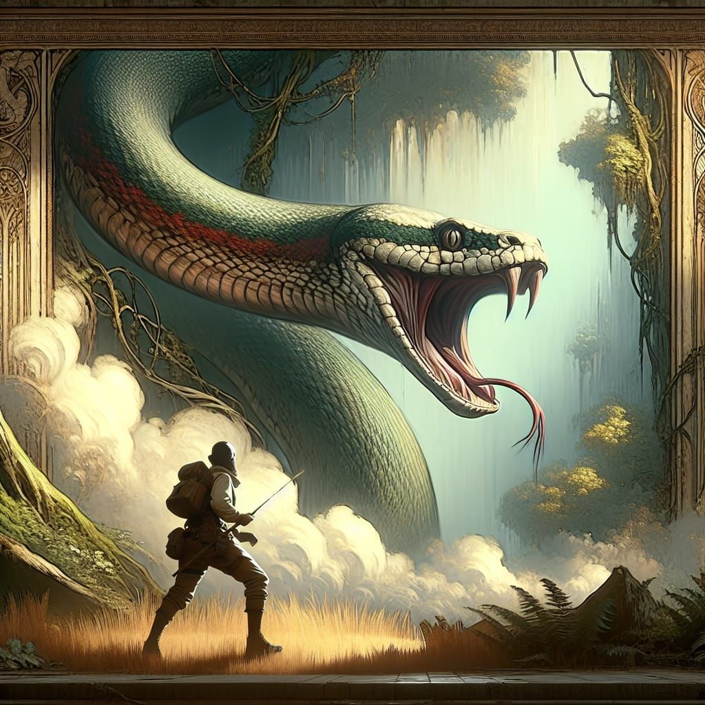 Adventurer Gazes into Jormungandr's Eye in Art Nouveau Style