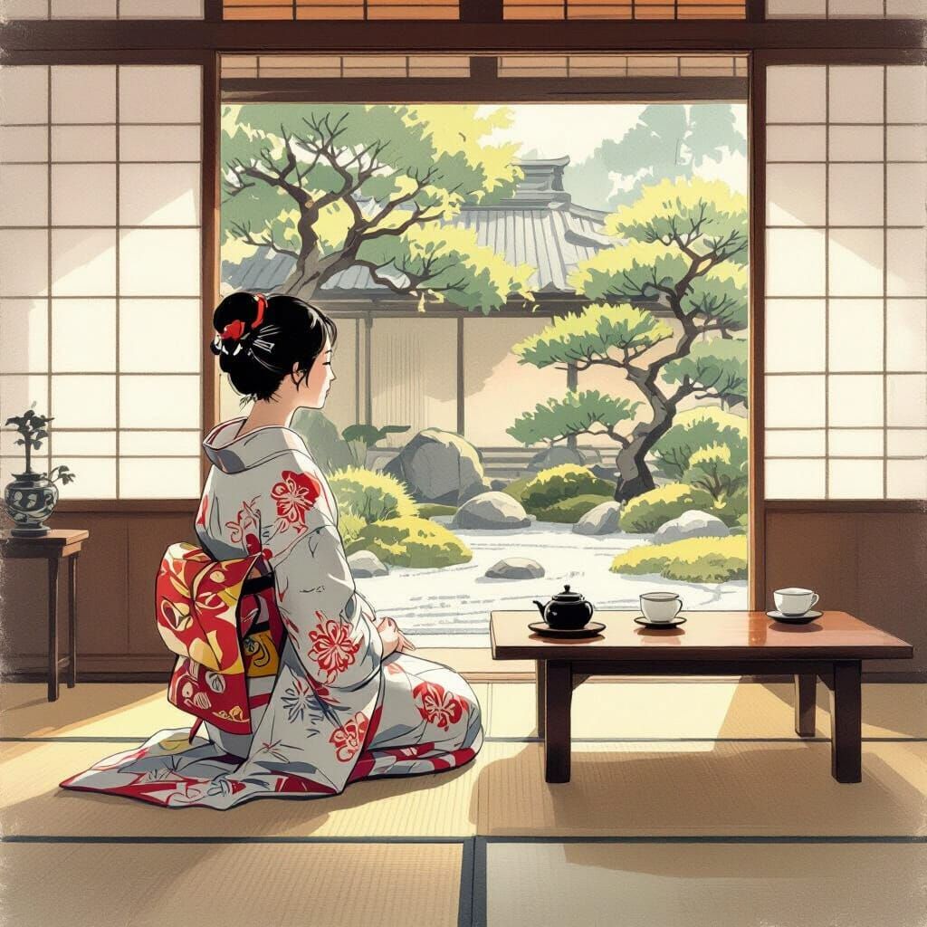 Serene Kimono Woman in Ukiyo-e Style Tea Room