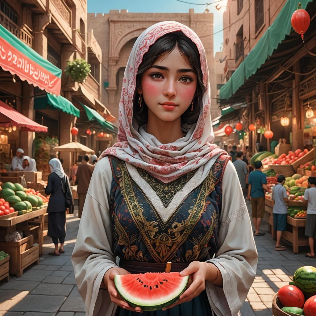 Palestinian Woman with Watermelon in Anime Style