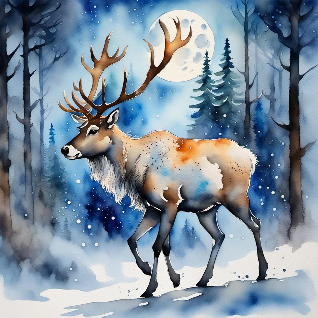 Reindeer in Snowy Forest Watercolor Illustration