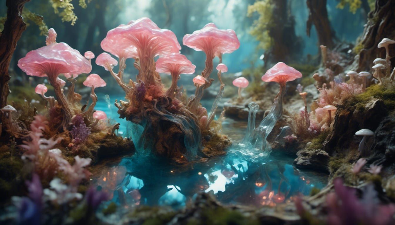 Mushroom Trees and Wildflowers in Naturalistic Landscape