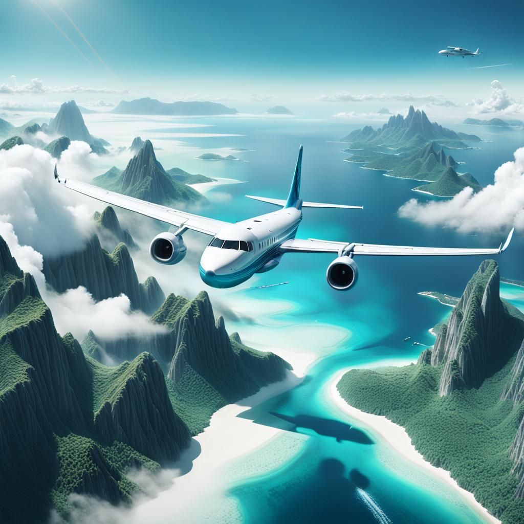 Plane over Island Beaches: Sci-Fi Digital Art