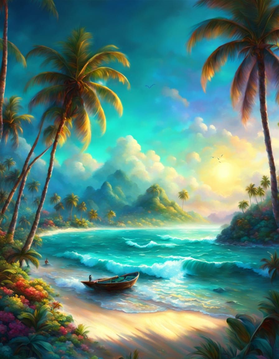 Tropical Beach with Turquoise Waters in Fantasy Art