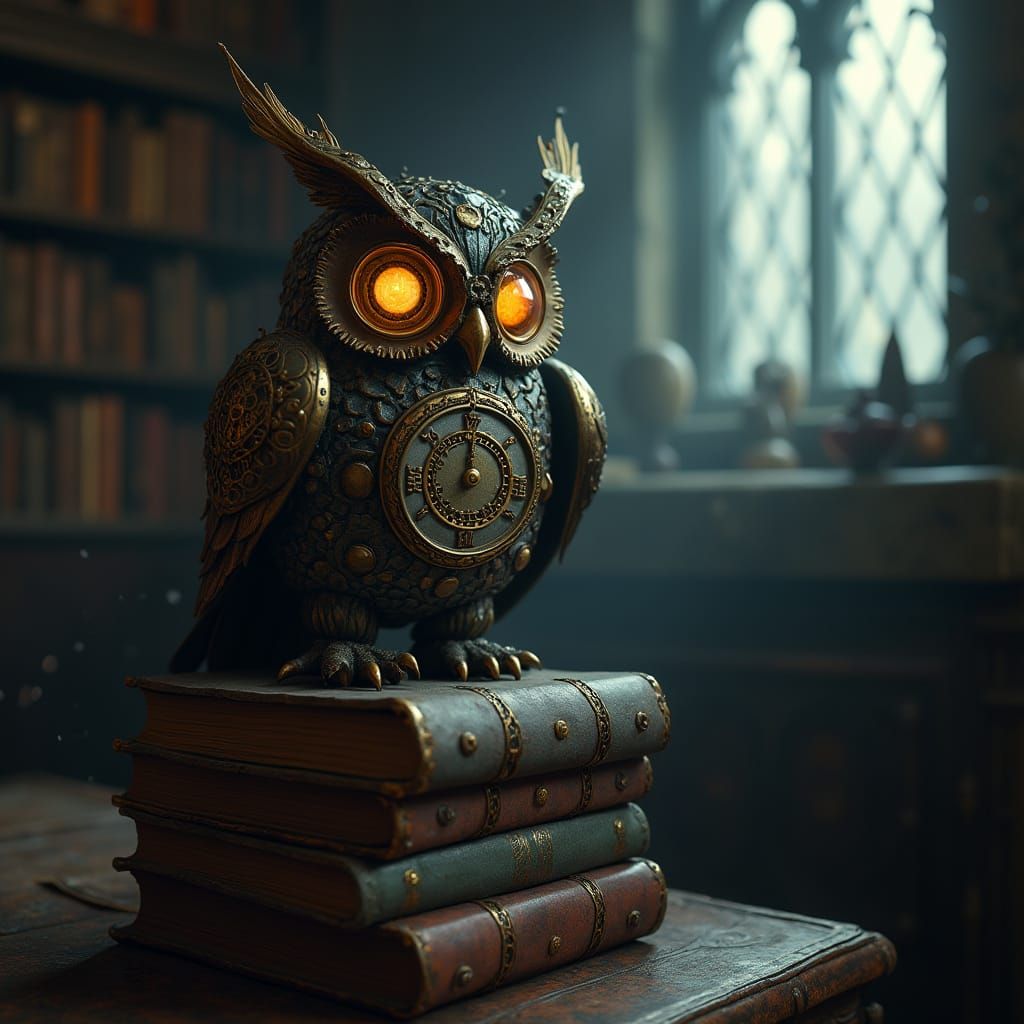 Clockwork Owl on Books in Gothic Study