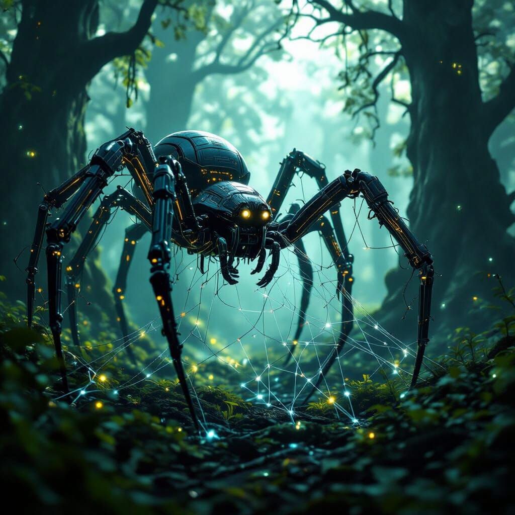 Giant Mechanical Spider Weaving Data Cables in Bioluminescen...