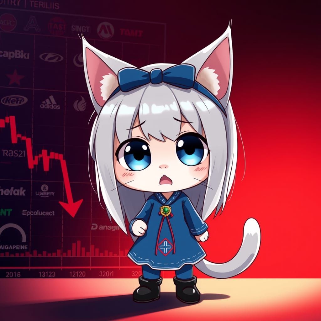 Anime Catgirl Stands Before Market Crash in Moody Lighting