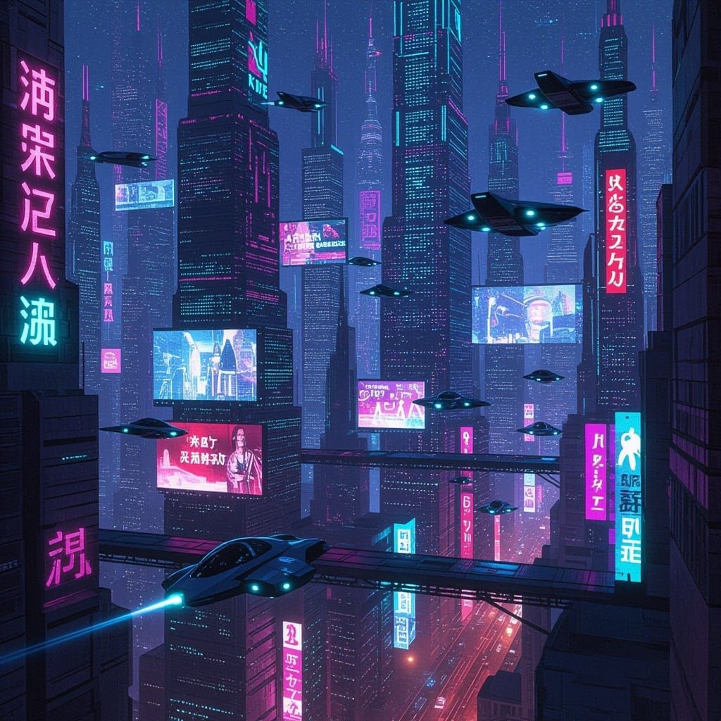 Futuristic Neon Cityscape with Flying Vehicles
