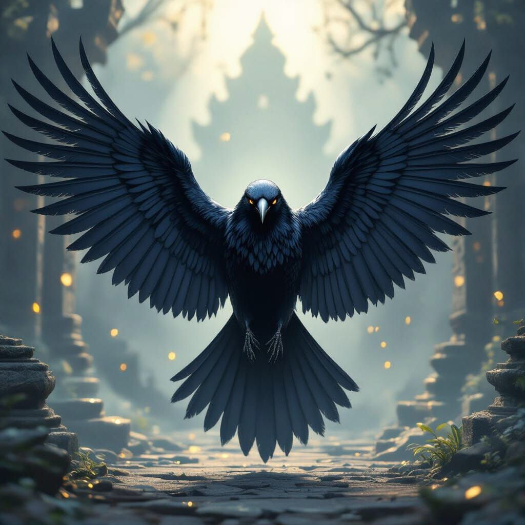 Majestic Crow in Misty Temple Ruins, Ethereal Realism