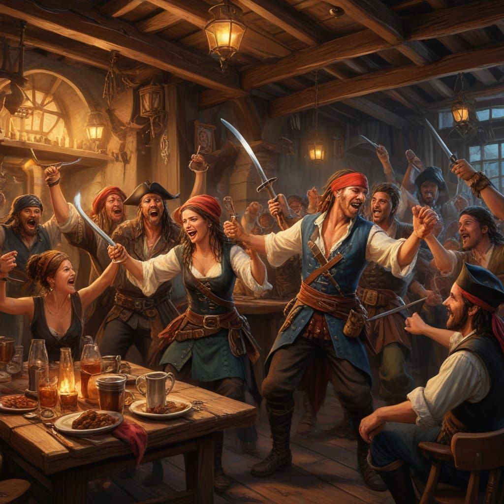 Pirate Revelry in Medieval Tavern: Vibrant Oil Painting