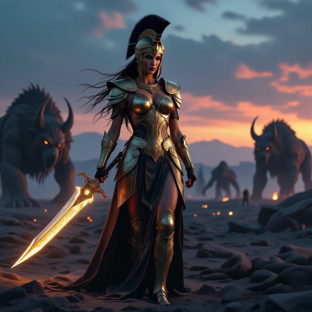 Steampunk Goddess of War on Battlefield