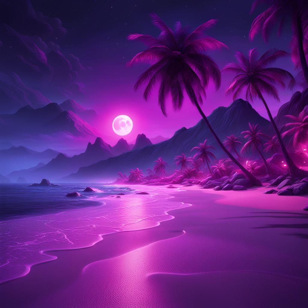 Pink and Purple Night Beach in Detailed Matte Painting