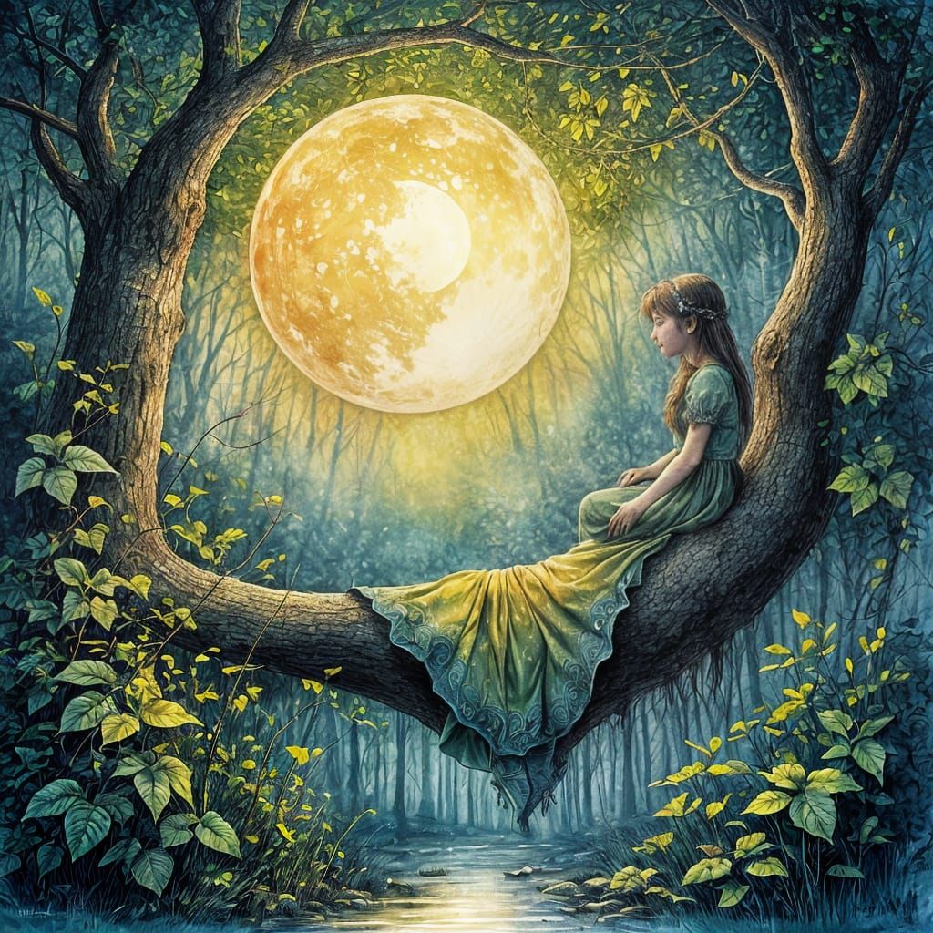 Ethereal Fairy Tale Girl Weeps Under Ancient Forest Moonligh...