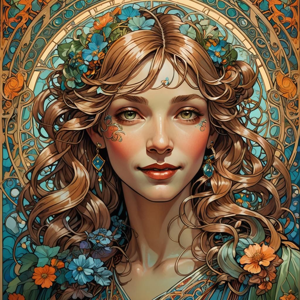 Mischievous Grin: Art Nouveau Portrait in High Detail
