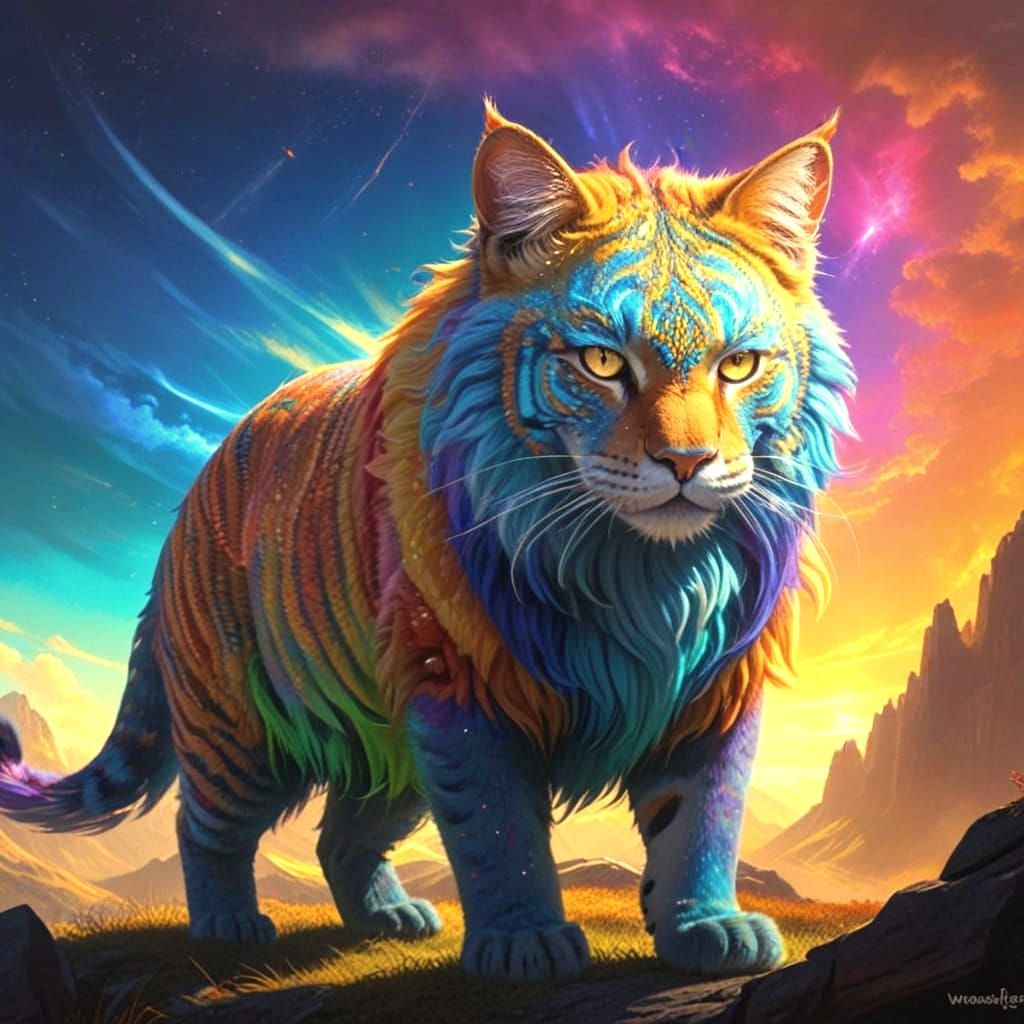 Majestic Feline Demigod Guards Sunlit Mountain Wilderness