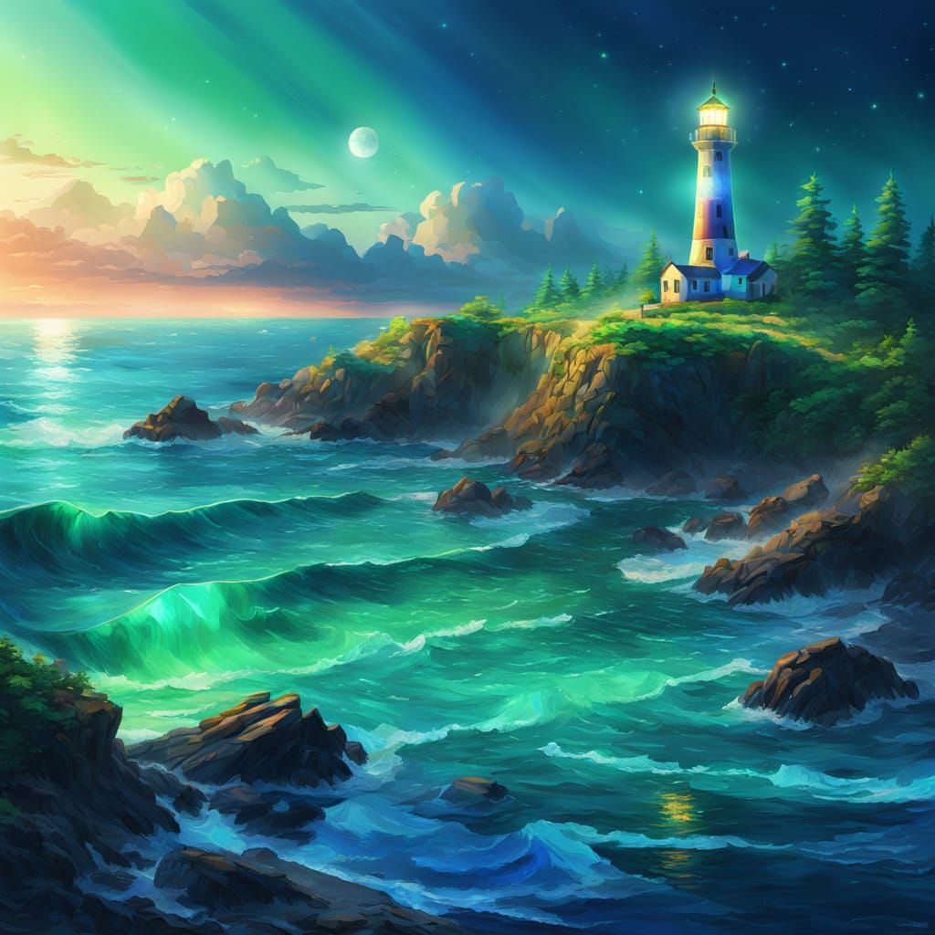 Glowing Sea Glass Lighthouse Coastal Panorama
