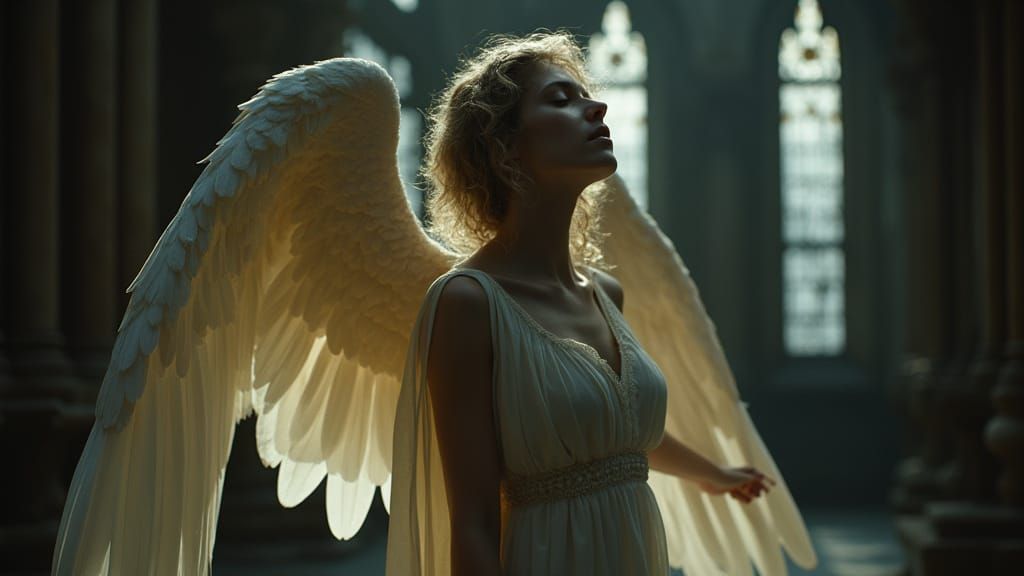 Sorrowful Angel in Gothic Cathedral Ruin