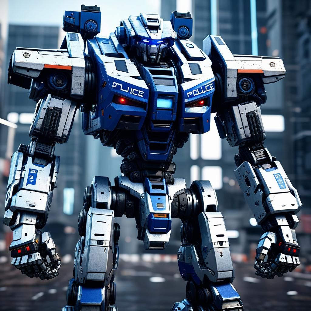 Futuristic Police Mech in Sci-Fi City