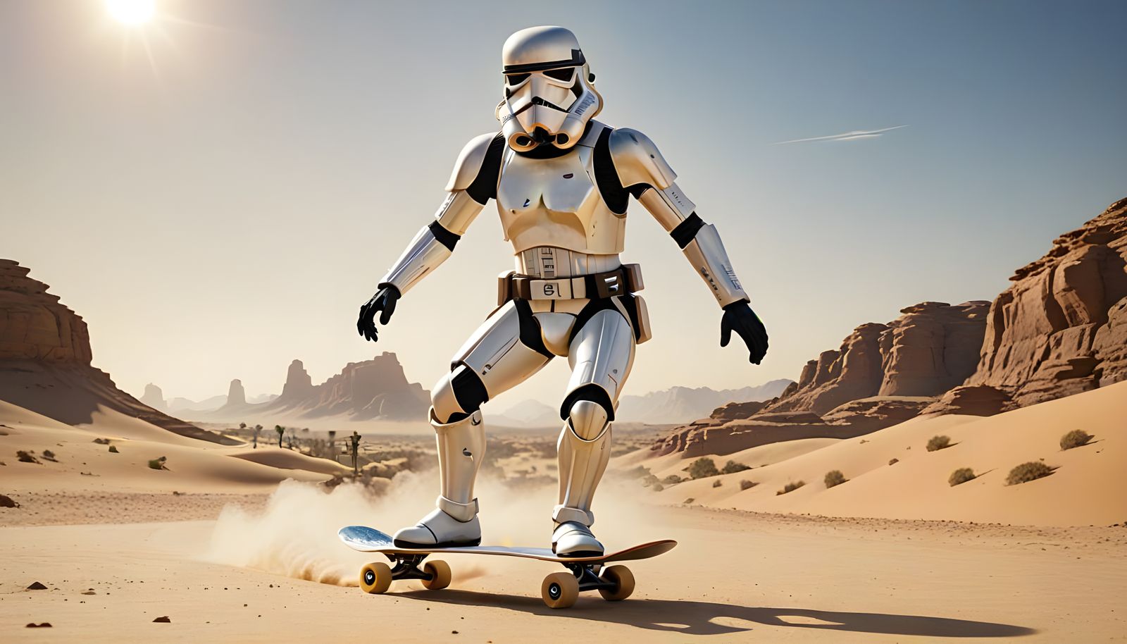 Stormtrooper Skateboarding on Tatooine in Animation Style