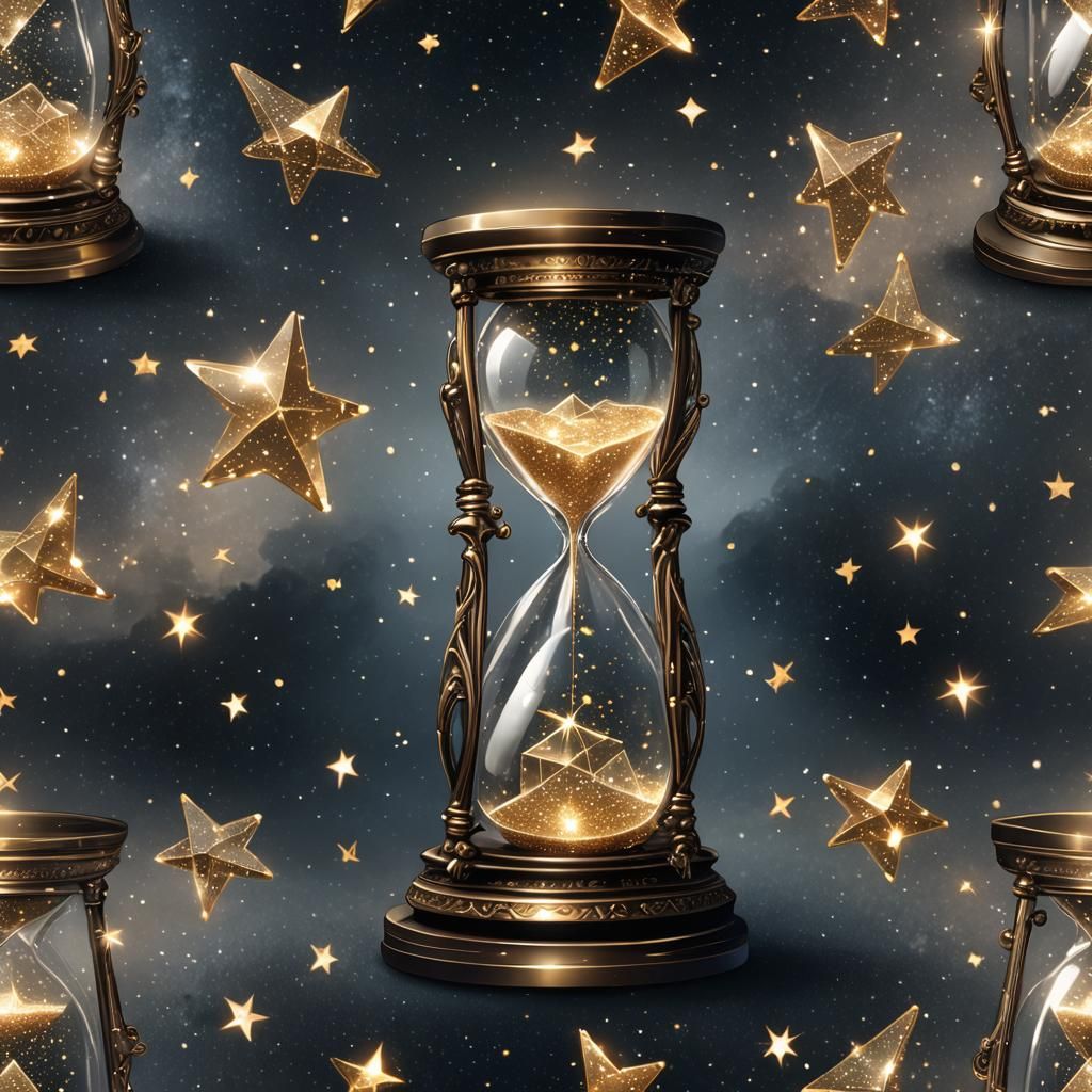 "2.5D digital illustration of a crystal hourglass made of st...