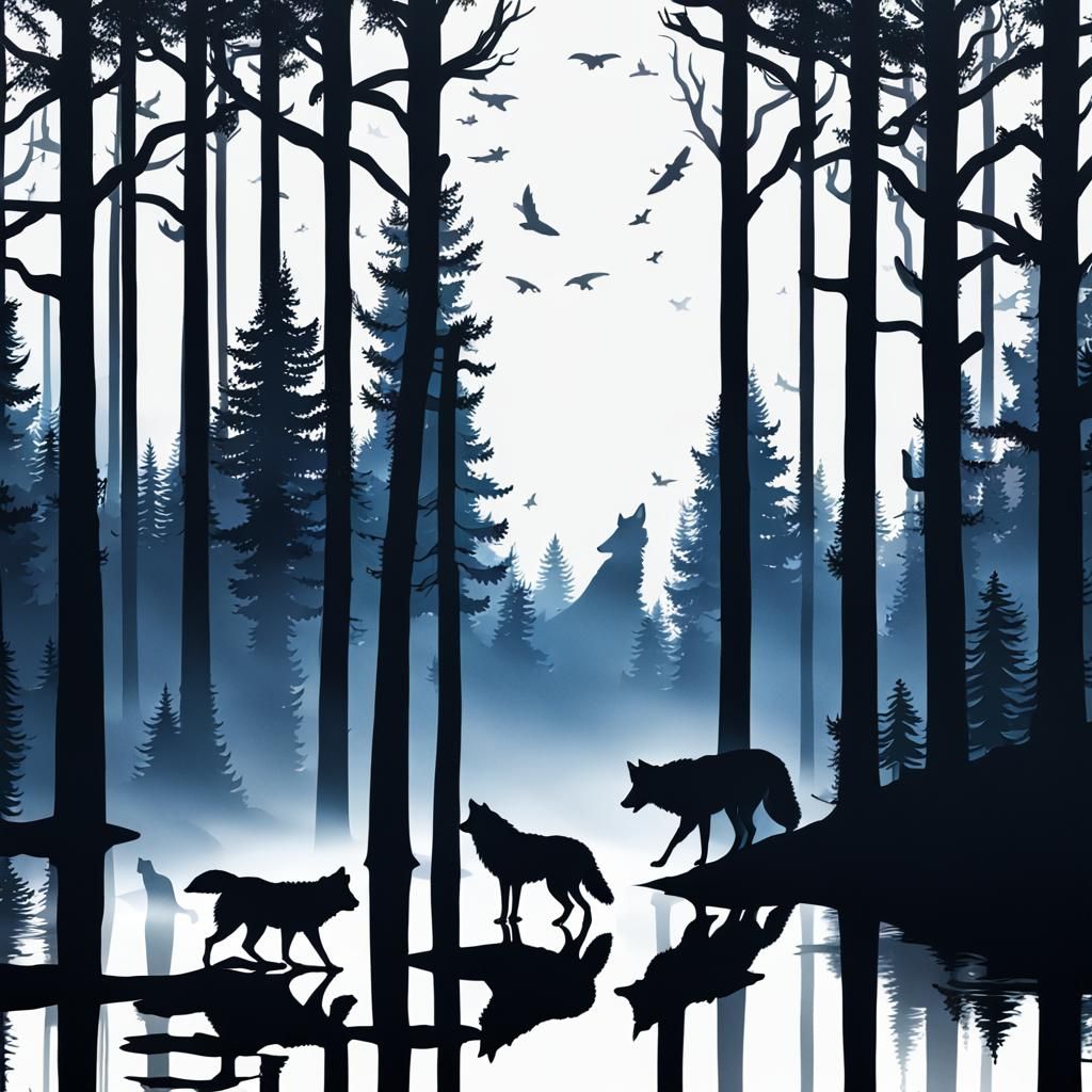 Wolf Silhouettes in Dark Forest Acrylic Painting