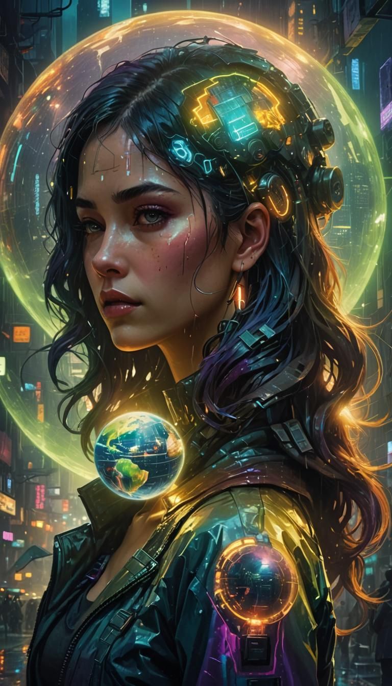 Cyberpunk Woman Embracing Earth in Neon Cityscape