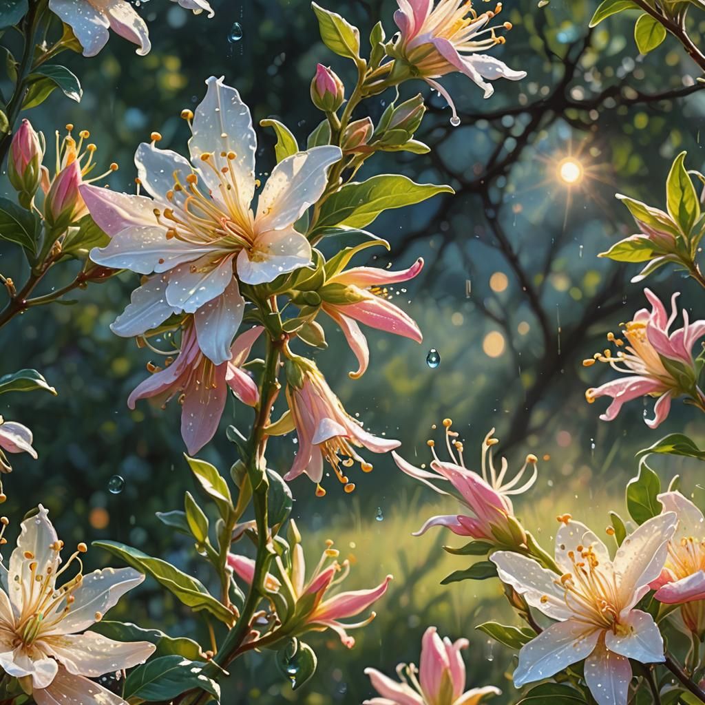 Honeysuckle Blossom with Dewdrops in Sunlight