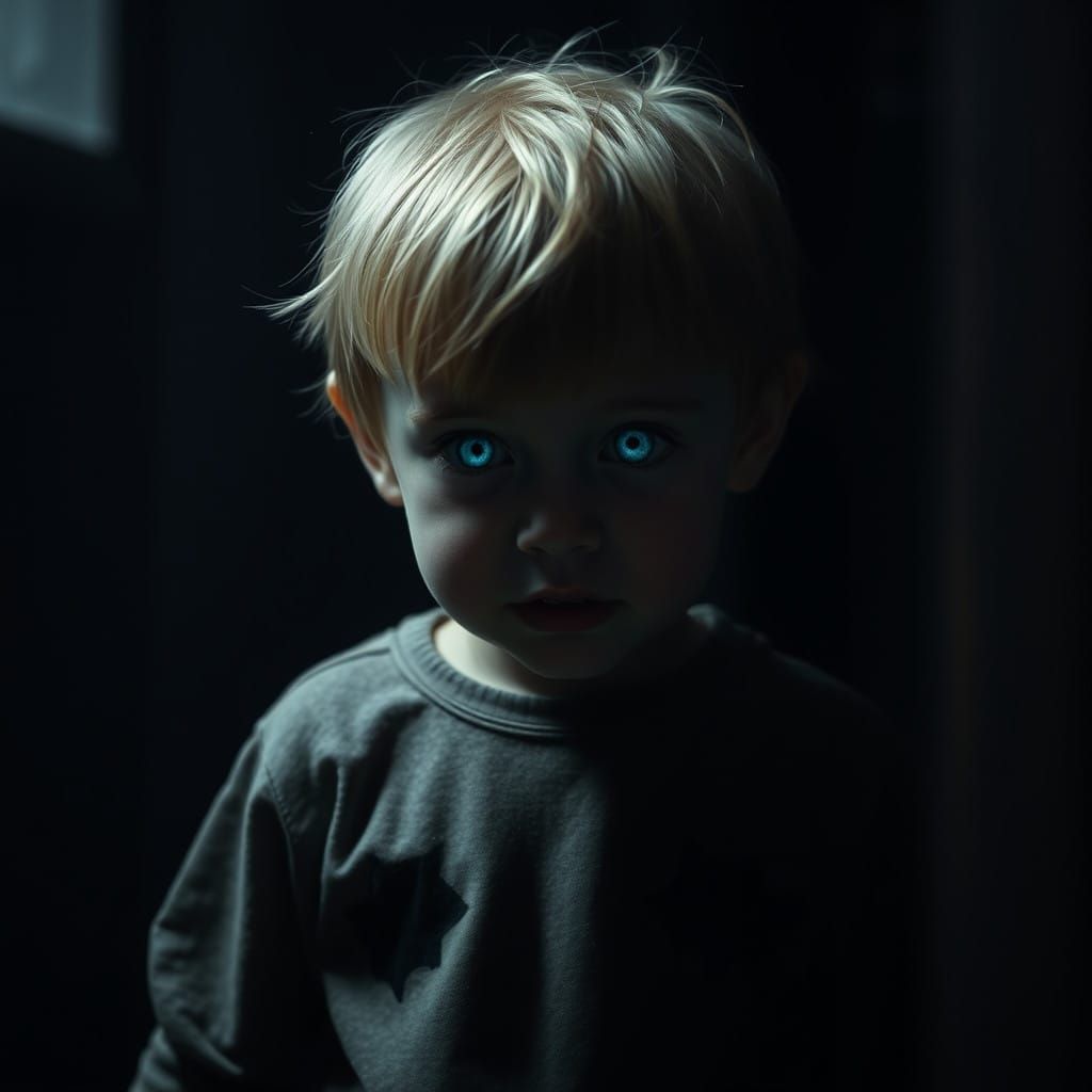 Menacing Boy in Dark Room with Glowing Eyes