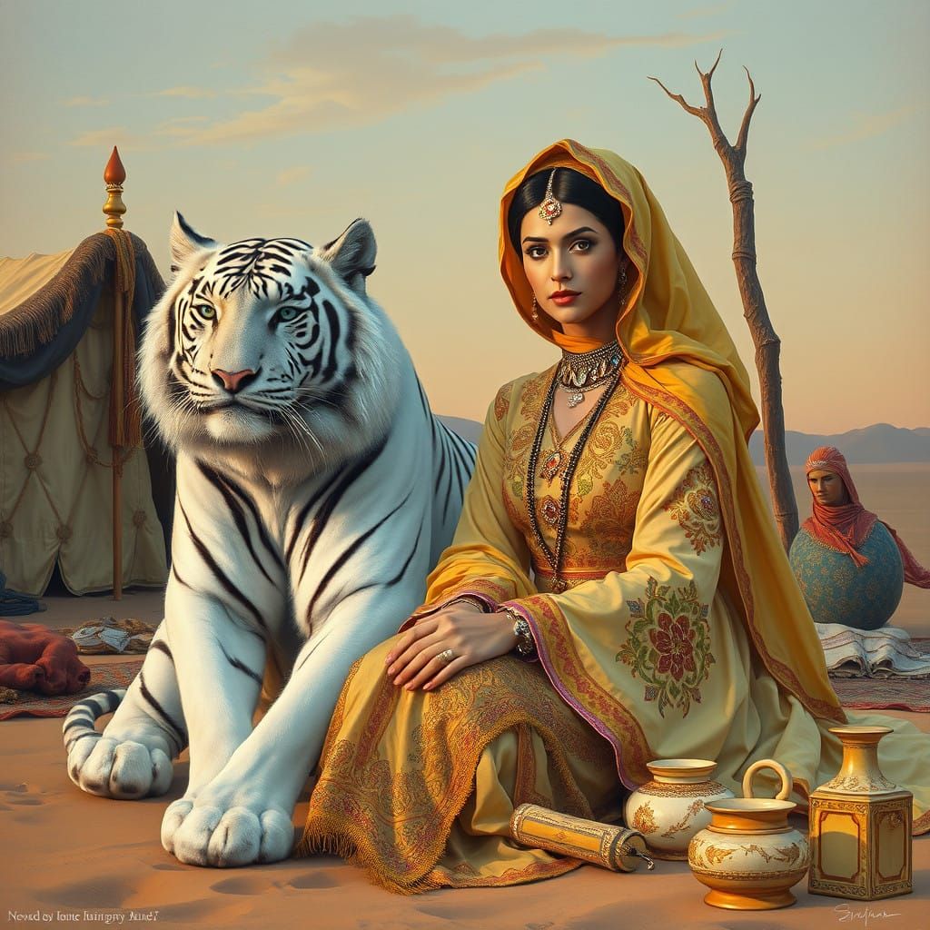 Refined Lady Beside Majestic White Tiger in Desert Oasis