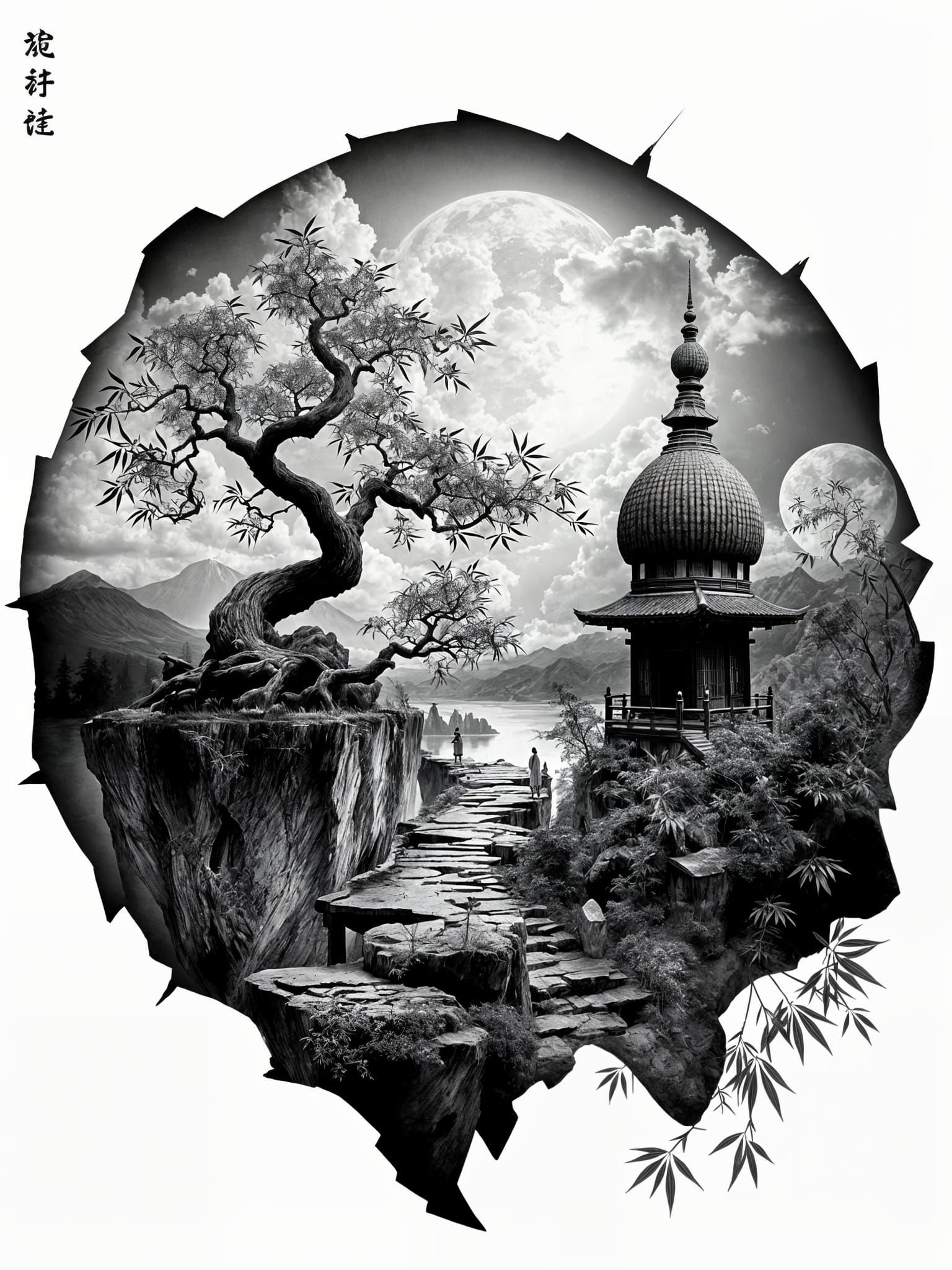 Surreal Geisha Silhouette in Cloudscapes and Bamboo