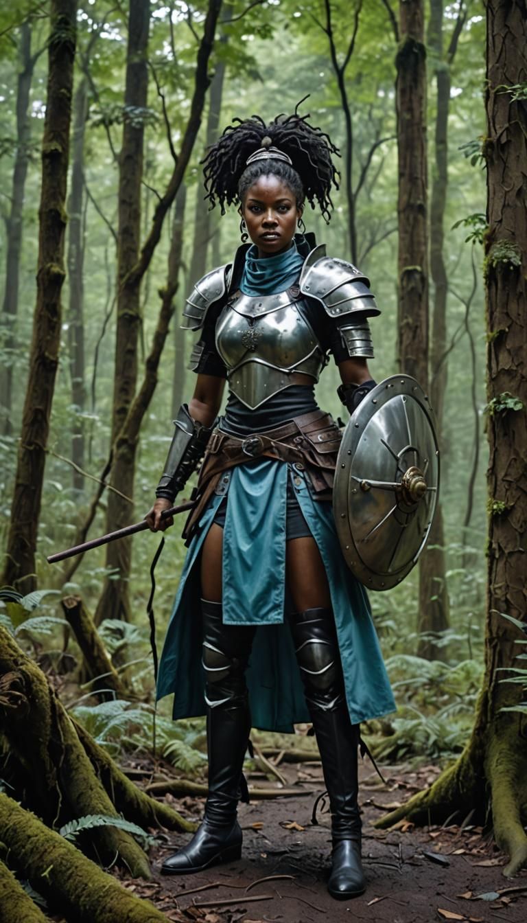 Fantasy Warrior Priestess in Stormy Forest