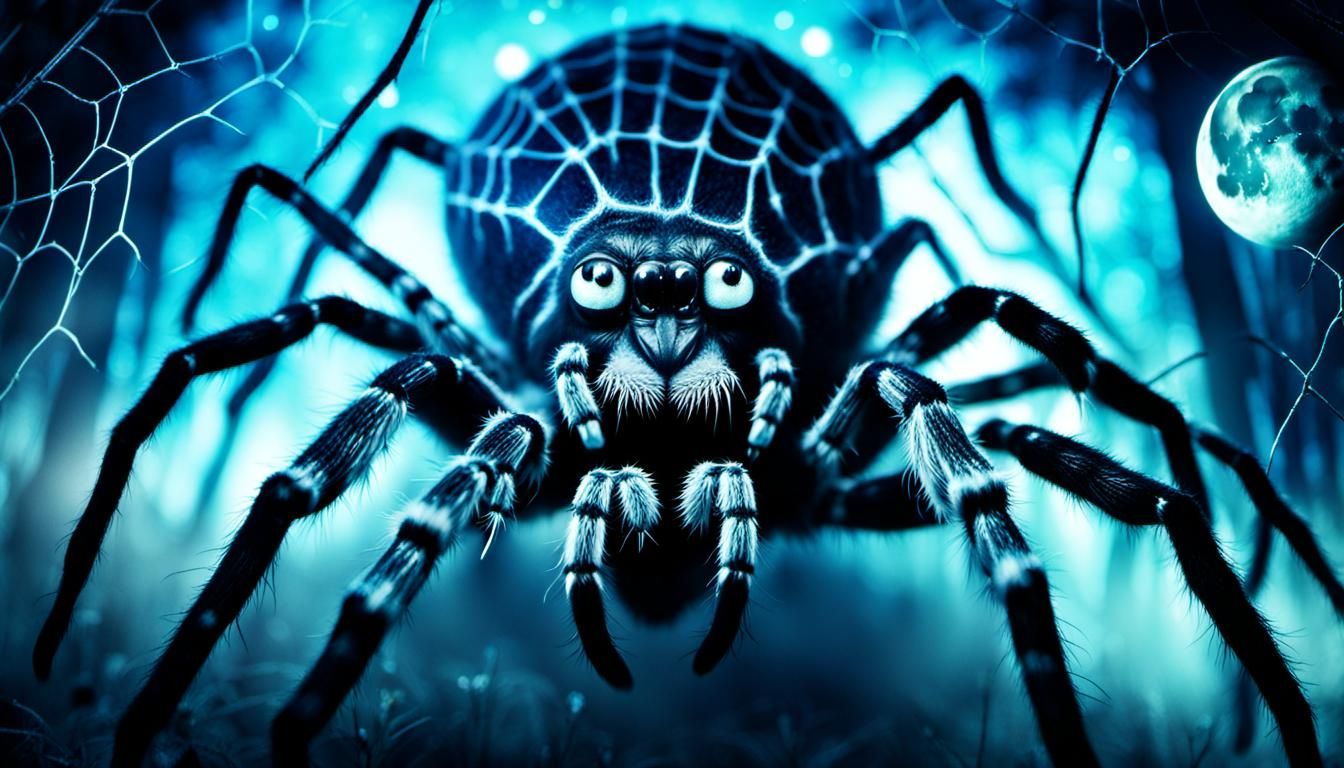 Scared Face with Spiders in Bioluminescent Forest